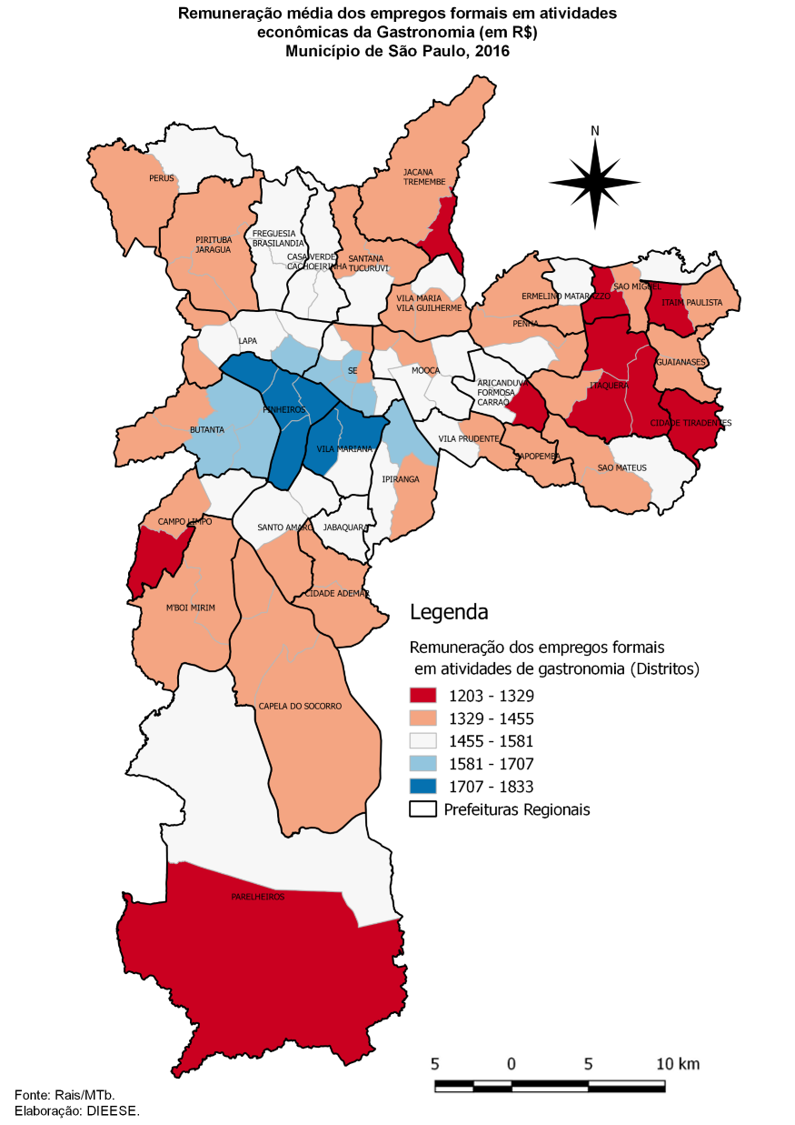 Mapa da remuneração média das pessoas que trabalham com Gastronomia no município de São Paulo